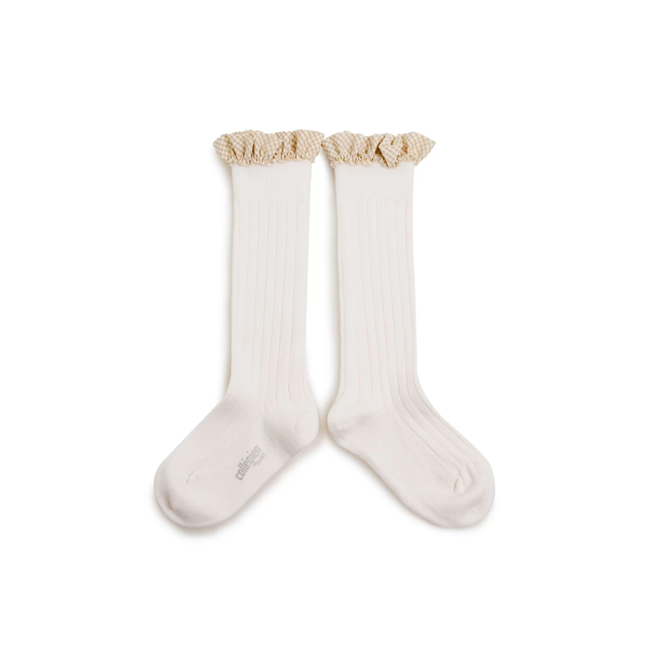 Collegien Sock Apolline - Chaussettes Hautes A Cotes Avec Volant Vichy 908Blanc Neige