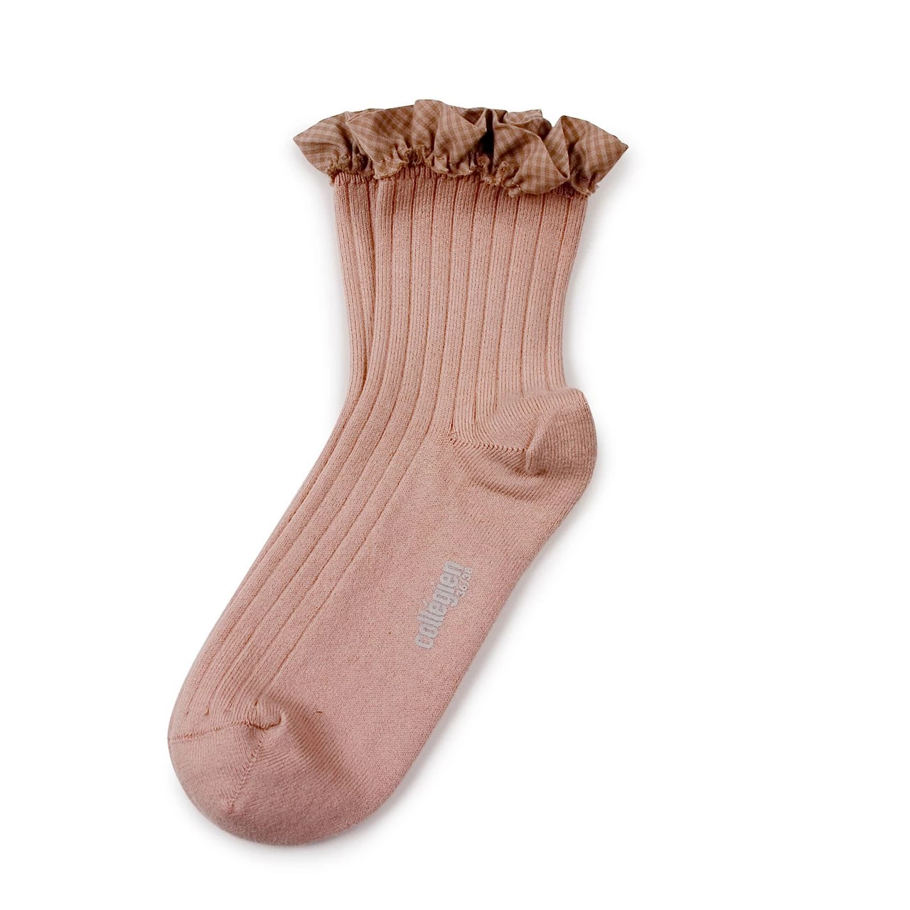 Collegien Sock Brigitte - Chaussettes Hautes A Cotes Avec Volant Vichy 331 Vieux Rose - Image 3