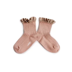 Collegien Sock Brigitte - Chaussettes Hautes A Cotes Avec Volant Vichy 331 Vieux Rose